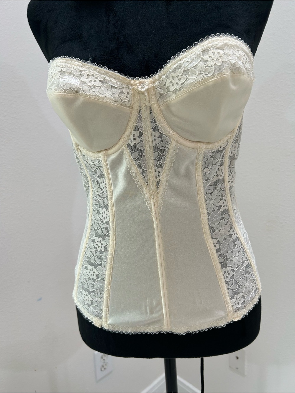 Dominique Vintage Ivory Lace Longline Bustier Corset Top, Size 34C